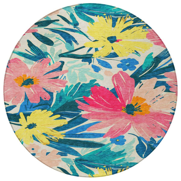 HomeRoots 5' Floral Blush and Pink Area Rug - Stylish, Washable Indoor/Outdoor Accent for All Spaces 8' Round 610975