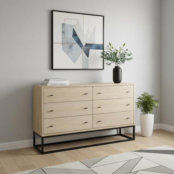 HomeRoots 61" Beige Distressed Sideboard with Six Drawers – Stylish Storage Solution for Any Room Decor 610979