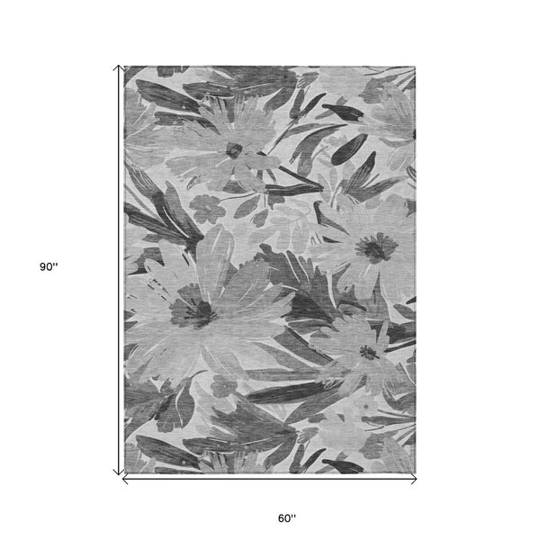 HomeRoots 5' Gray and Charcoal Floral Indoor Outdoor Area Rug - Stylish, Washable, Stain-Resistant Design for All Spaces 5' X 8' 610981