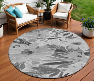 HomeRoots 5' Gray and Charcoal Floral Indoor Outdoor Area Rug - Stylish, Washable, Stain-Resistant Design for All Spaces 8' Round 610982
