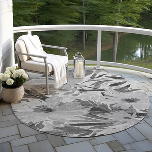 HomeRoots 5' Gray and Charcoal Floral Indoor Outdoor Area Rug - Stylish, Washable, Stain-Resistant Design for All Spaces 8' Round 610982