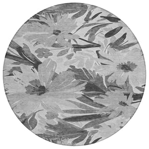HomeRoots 5' Gray and Charcoal Floral Indoor Outdoor Area Rug - Stylish, Washable, Stain-Resistant Design for All Spaces 8' Round 610982