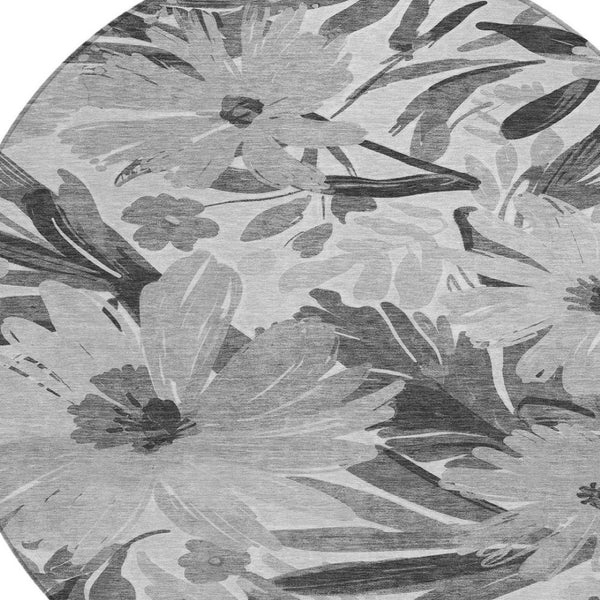 HomeRoots 5' Gray and Charcoal Floral Indoor Outdoor Area Rug - Stylish, Washable, Stain-Resistant Design for All Spaces 8' Round 610982