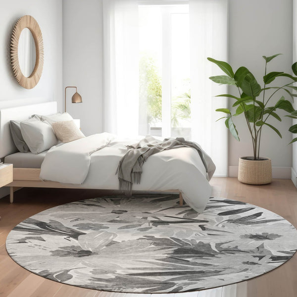HomeRoots 5' Gray and Charcoal Floral Indoor Outdoor Area Rug - Stylish, Washable, Stain-Resistant Design for All Spaces 8' Round 610982