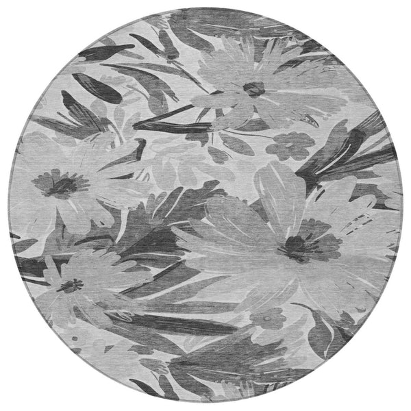 HomeRoots 5' Gray and Charcoal Floral Indoor Outdoor Area Rug - Stylish, Washable, Stain-Resistant Design for All Spaces 8' Round 610982