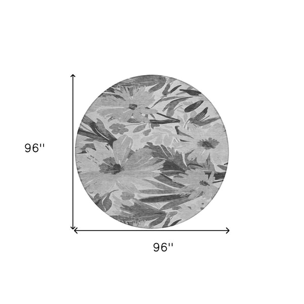HomeRoots 5' Gray and Charcoal Floral Indoor Outdoor Area Rug - Stylish, Washable, Stain-Resistant Design for All Spaces 8' Round 610982