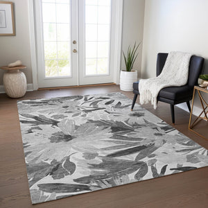 HomeRoots 5' Gray and Charcoal Floral Indoor Outdoor Area Rug - Stylish, Washable, Stain-Resistant Design for All Spaces 9' X 12' 610984