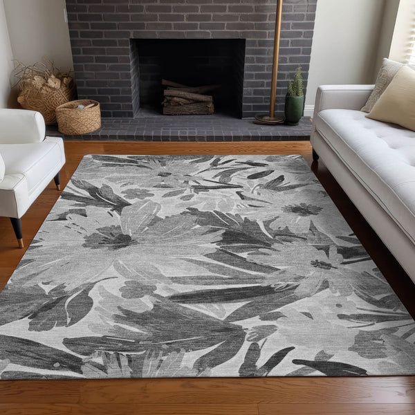 HomeRoots 5' Gray and Charcoal Floral Indoor Outdoor Area Rug - Stylish, Washable, Stain-Resistant Design for All Spaces 9' X 12' 610984