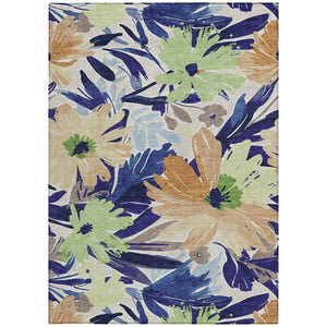 HomeRoots 5' Navy Blue and Beige Floral Area Rug - Durable, Washable, Indoor/Outdoor Charm for Any Space 5' X 8' 610987