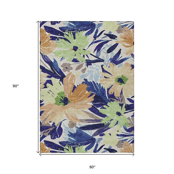 HomeRoots 5' Navy Blue and Beige Floral Area Rug - Durable, Washable, Indoor/Outdoor Charm for Any Space 5' X 8' 610987