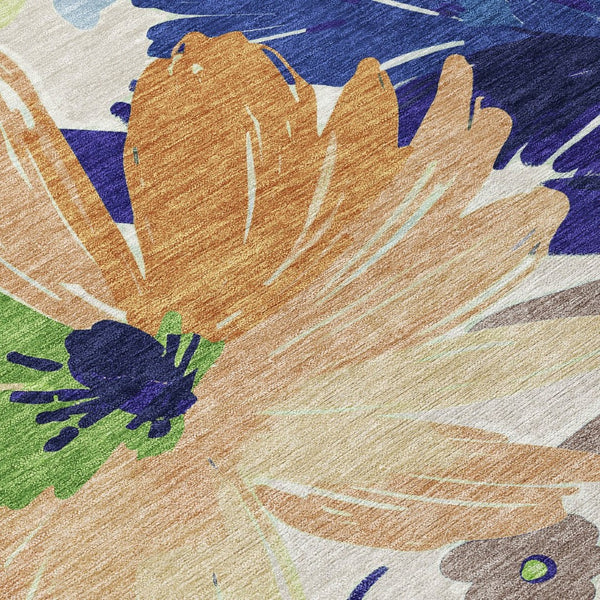 HomeRoots 5' Navy Blue and Beige Floral Area Rug - Durable, Washable, Indoor/Outdoor Charm for Any Space 5' X 8' 610987