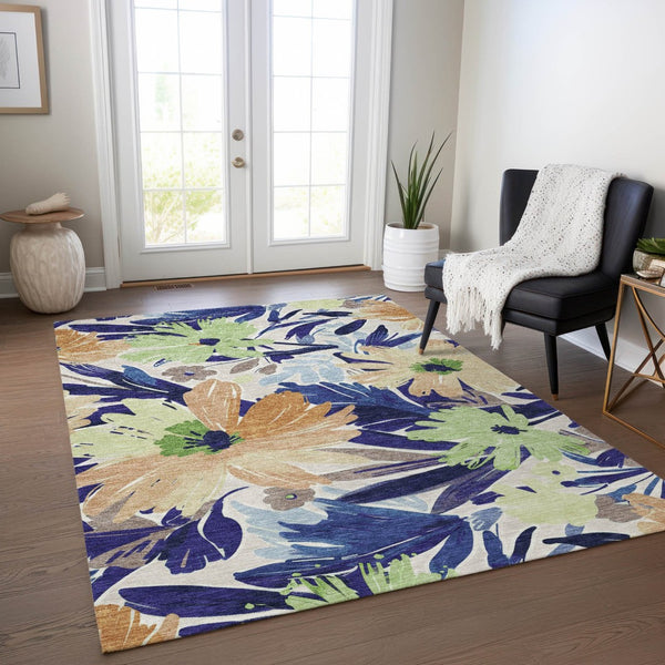 HomeRoots 5' Navy Blue and Beige Floral Area Rug - Durable, Washable, Indoor/Outdoor Charm for Any Space 5' X 8' 610987