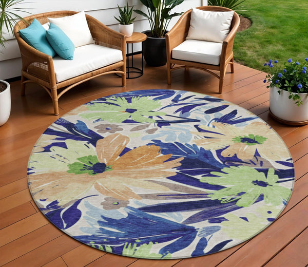 HomeRoots 5' Navy Blue and Beige Floral Area Rug - Durable, Washable, Indoor/Outdoor Charm for Any Space 8' Round 610988