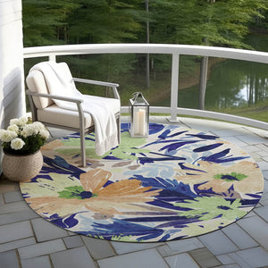 HomeRoots 5' Navy Blue and Beige Floral Area Rug - Durable, Washable, Indoor/Outdoor Charm for Any Space 8' Round 610988