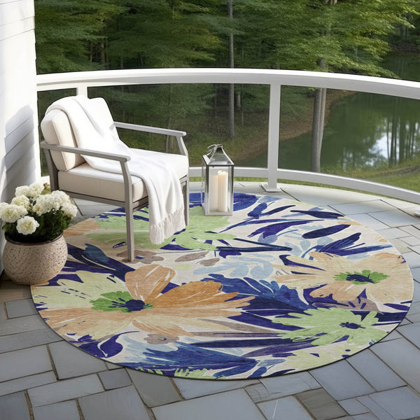 HomeRoots 5' Navy Blue and Beige Floral Area Rug - Durable, Washable, Indoor/Outdoor Charm for Any Space 8' Round 610988