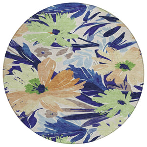 HomeRoots 5' Navy Blue and Beige Floral Area Rug - Durable, Washable, Indoor/Outdoor Charm for Any Space 8' Round 610988