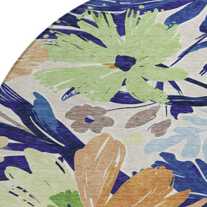 HomeRoots 5' Navy Blue and Beige Floral Area Rug - Durable, Washable, Indoor/Outdoor Charm for Any Space 8' Round 610988