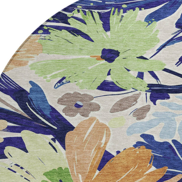 HomeRoots 5' Navy Blue and Beige Floral Area Rug - Durable, Washable, Indoor/Outdoor Charm for Any Space 8' Round 610988