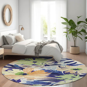 HomeRoots 5' Navy Blue and Beige Floral Area Rug - Durable, Washable, Indoor/Outdoor Charm for Any Space 8' Round 610988
