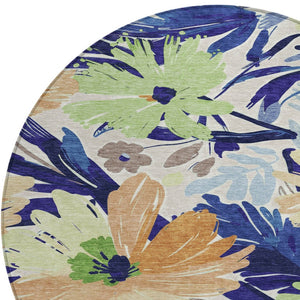 HomeRoots 5' Navy Blue and Beige Floral Area Rug - Durable, Washable, Indoor/Outdoor Charm for Any Space 8' Round 610988