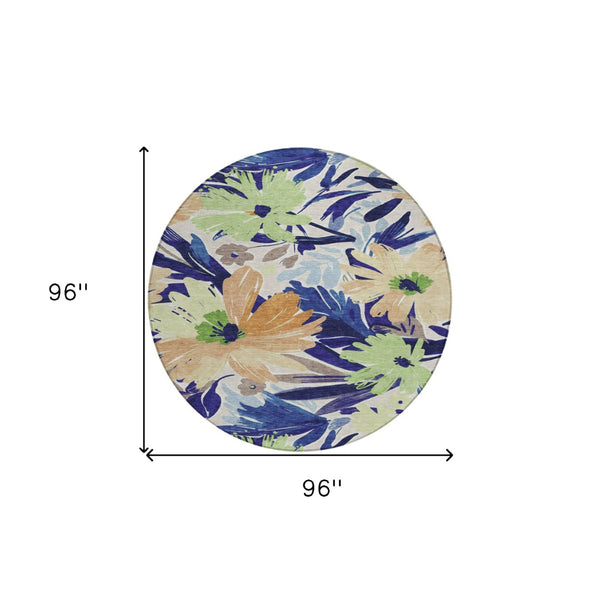 HomeRoots 5' Navy Blue and Beige Floral Area Rug - Durable, Washable, Indoor/Outdoor Charm for Any Space 8' Round 610988