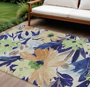 HomeRoots 5' Navy Blue and Beige Floral Area Rug - Durable, Washable, Indoor/Outdoor Charm for Any Space 8' X 10' 610989