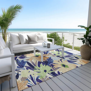 HomeRoots 5' Navy Blue and Beige Floral Area Rug - Durable, Washable, Indoor/Outdoor Charm for Any Space 8' X 10' 610989