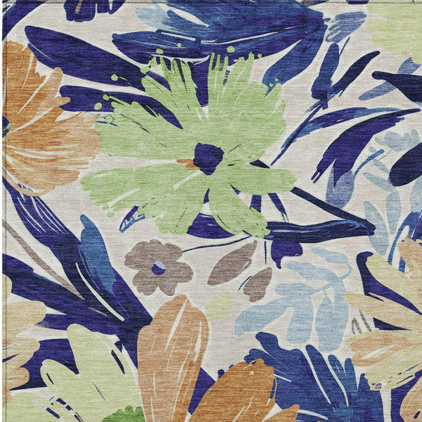 HomeRoots 5' Navy Blue and Beige Floral Area Rug - Durable, Washable, Indoor/Outdoor Charm for Any Space 8' X 10' 610989