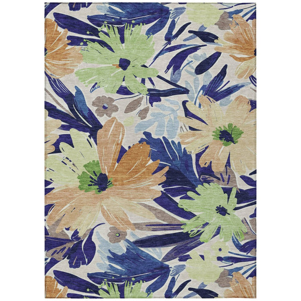 HomeRoots 5' Navy Blue and Beige Floral Area Rug - Durable, Washable, Indoor/Outdoor Charm for Any Space 9' X 12' 610990