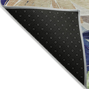 HomeRoots 5' Navy Blue and Beige Floral Area Rug - Durable, Washable, Indoor/Outdoor Charm for Any Space 9' X 12' 610990