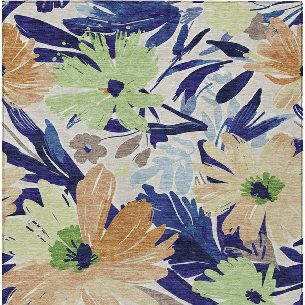 HomeRoots 5' Navy Blue and Beige Floral Area Rug - Durable, Washable, Indoor/Outdoor Charm for Any Space 10' X 14' 610991