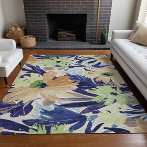HomeRoots 5' Navy Blue and Beige Floral Area Rug - Durable, Washable, Indoor/Outdoor Charm for Any Space 10' X 14' 610991