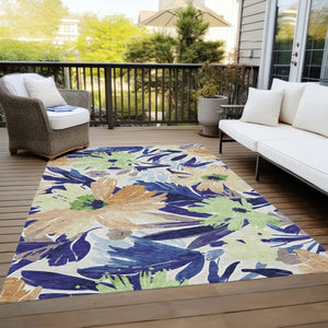 HomeRoots 5' Navy Blue and Beige Floral Area Rug - Durable, Washable, Indoor/Outdoor Charm for Any Space 10' X 14' 610991