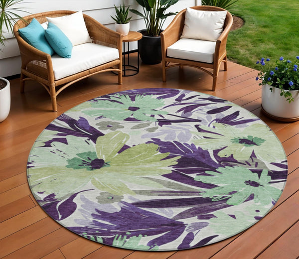 HomeRoots 5' Purple and Lavender Floral Washable Area Rug – Durable, Stylish Design for Indoor and Outdoor Use 8' Round 610994