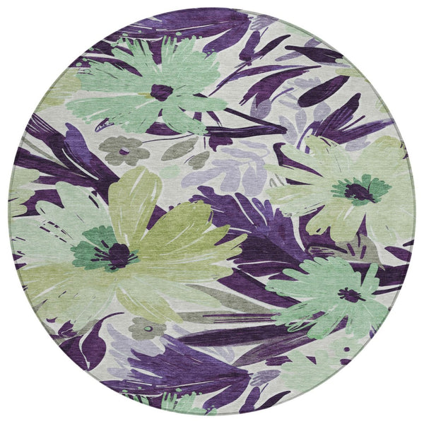 HomeRoots 5' Purple and Lavender Floral Washable Area Rug – Durable, Stylish Design for Indoor and Outdoor Use 8' Round 610994
