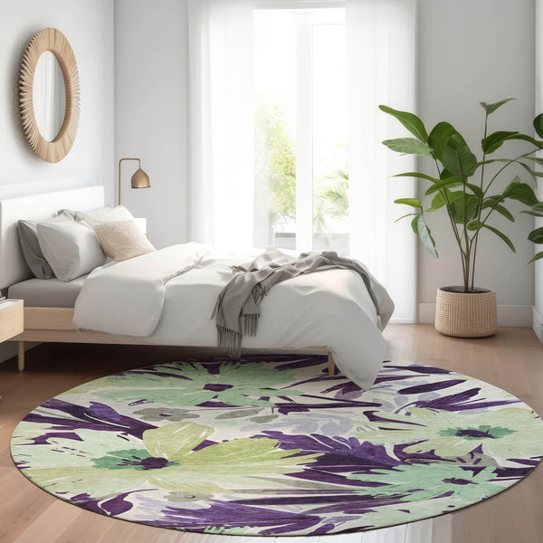 HomeRoots 5' Purple and Lavender Floral Washable Area Rug – Durable, Stylish Design for Indoor and Outdoor Use 8' Round 610994