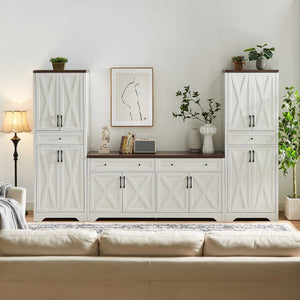 English Elm TV Cabinet Set Modern White Walnut Multifunctional Wall Unit with Console, Sideboards & Storage Features 108.7" W1162S00011