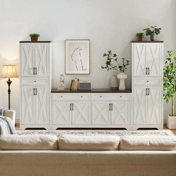 English Elm TV Cabinet Set Modern White Walnut Multifunctional Wall Unit with Console, Sideboards & Storage Features 108.7" W1162S00011