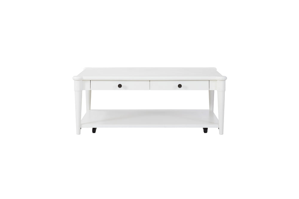 English Elm White Solid Wood Cocktail Table with Casters and Two Drawers, Transitional Casual Design, Durable Finish White 51.75 L x 31.5 W x 12.5 H B2699P218288