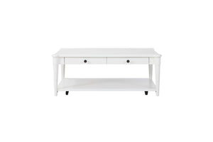 English Elm White Solid Wood Cocktail Table with Casters and Two Drawers, Transitional Casual Design, Durable Finish White 51.75 L x 31.5 W x 12.5 H B2699P218288