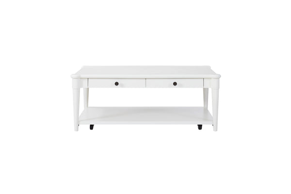 English Elm White Solid Wood Cocktail Table with Casters and Two Drawers, Transitional Casual Design, Durable Finish White 51.75 L x 31.5 W x 12.5 H B2699P218288