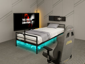 English Elm Twin Gaming Platform Bed Iron Frame with Rotating Tv Mount Led Strips Console Storage W688P237948