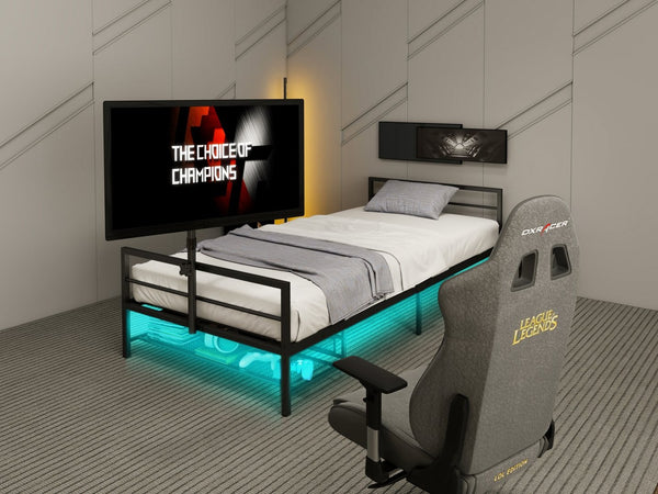 English Elm Twin Gaming Platform Bed Iron Frame with Rotating Tv Mount Led Strips Console Storage W688P237948