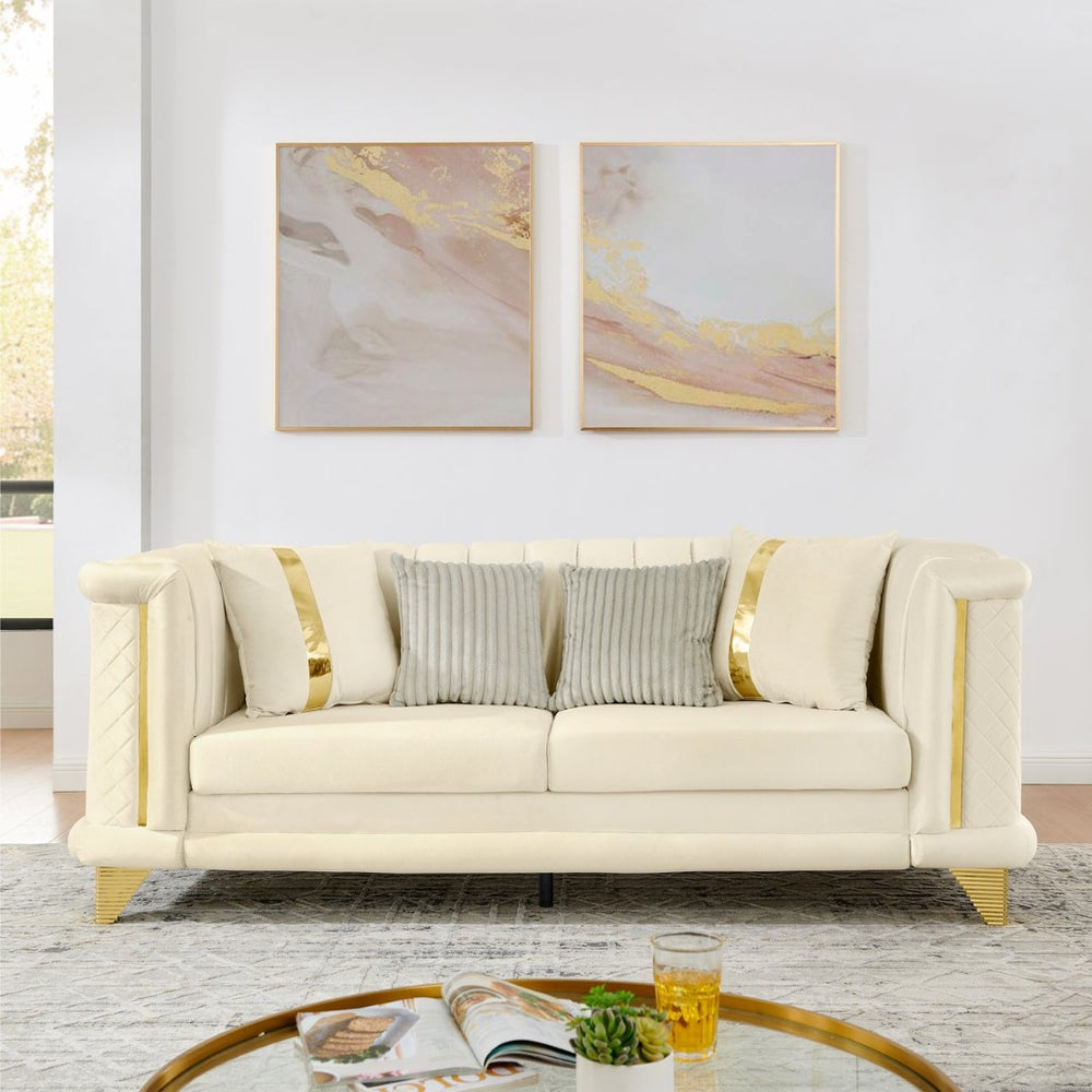 English Elm 89 Inch Tufted Velvet Sofa with Gold Steel Trim Embroidered Victorian Glam Seating W1191S00109