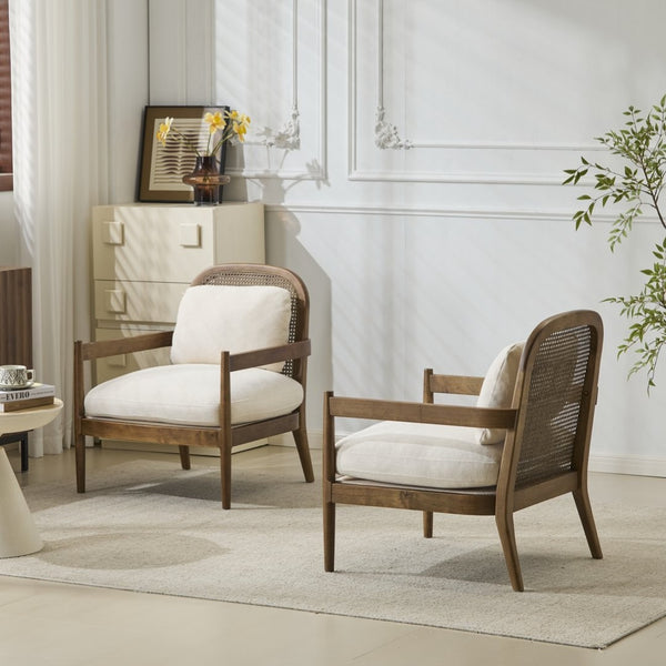 English Elm [set of 2] Mid-century Rattan Back Armchairs Solid Wood Legs Beige Upholstered Seat N767P298390L