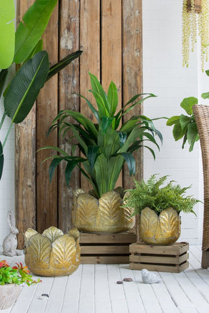 English Elm Set of 3 Zinc Metal Planters with Distressed Golden Finish for Indoor Outdoor Display W2078P499530