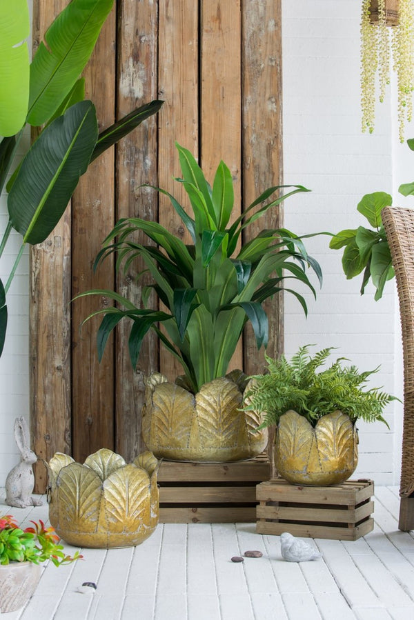 English Elm Set of 3 Zinc Metal Planters with Distressed Golden Finish for Indoor Outdoor Display W2078P499530