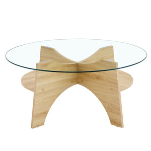 English Elm Round Tempered Glass Coffee Table with Fan Pedestal Base for Modern Living Rooms Natural Wood,Transparent W1151P256001