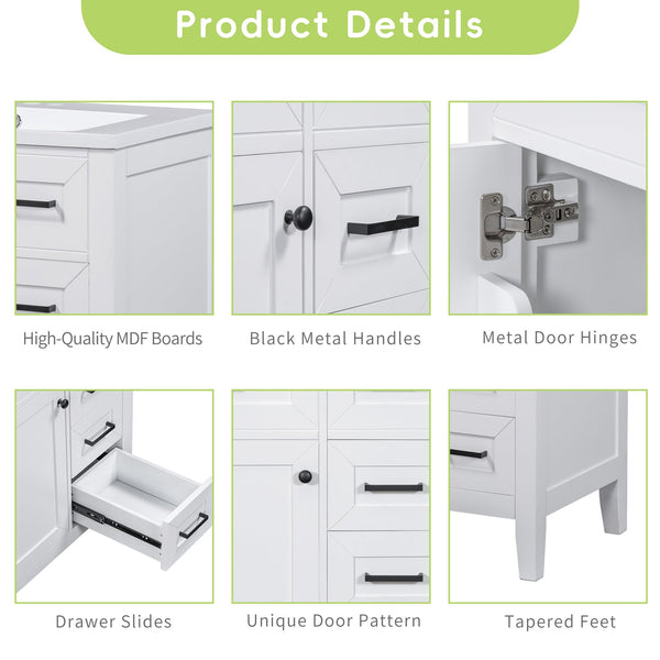 English Elm 30" Modern Bathroom Vanity with Sink Combo — Solid Rubberwood & MDF, 3 Drawers, Freestanding Contemporary Design White N725P246482K