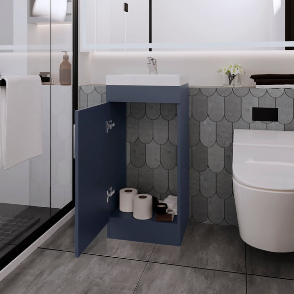 English Elm Madrid Blue Melamine Bathroom Vanity with 1 Door — Compact Durable Engineered Wood Storage for Small Spaces B128S00202